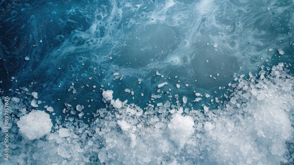 Blue background with sea salt enhancing minerals from the ocean Blue background with sea salt enhancing minerals from the ocean