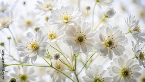 Delicate white flowers against a pure white background, showcasing intricate details and soft petals, highlighting nature's beauty in stunning macro photography.