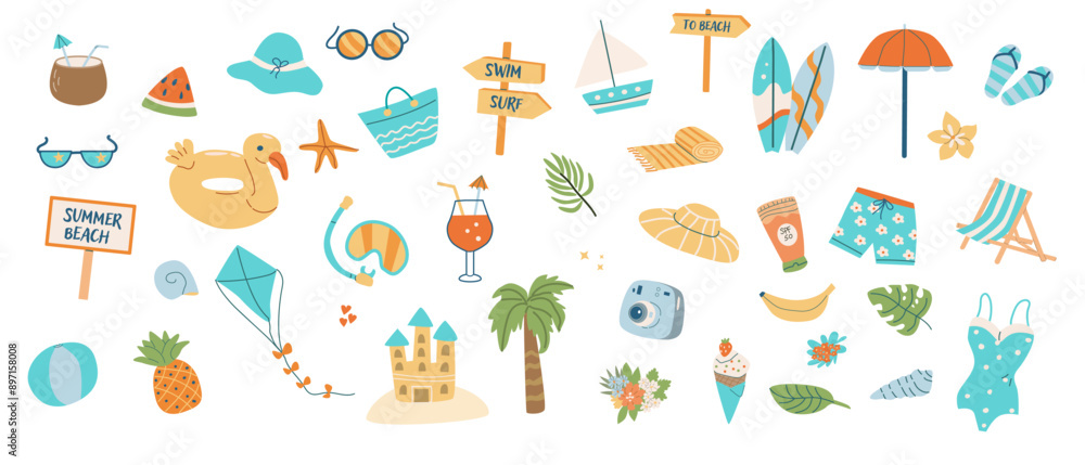 Beach party scrapbooking elements collection. Summer stickers, doodle icons pack. Set cute summer beach elements - surf, sunglasses, cocktails, camera and other sea vacation accessories.