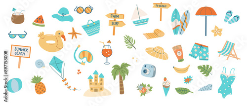 Beach party scrapbooking elements collection. Summer stickers, doodle icons pack. Set cute summer beach elements - surf, sunglasses, cocktails, camera and other sea vacation accessories.