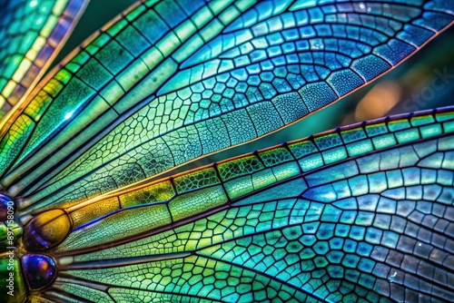 Vibrant iridescent blues and emerald greens dance across the delicate lace-like structure of a dragonfly wing, showcasing intricate veins and microscopic details in mesmerizing clarity. photo