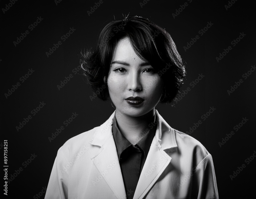 Confident Woman Doctor in Lab Coat: Retro Style Headshot Portrait with Dramatic Lighting and Shadows
