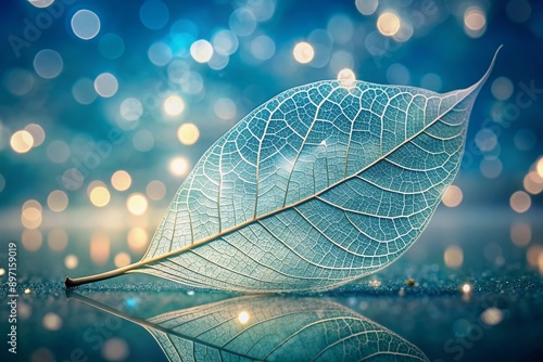 Delicate skeletonized white leaf with intricate veins floats on a serene light blue background, surrounded by soft bokeh, creating an ethereal and artistic nature scene.