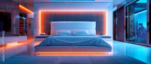 Futuristic abode concept, smart home features, holographic displays, cuttingedge style, neon accents, digital art, detailed structure