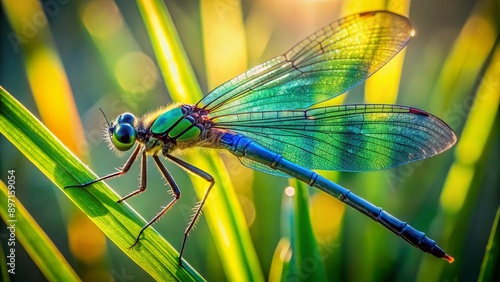 Vibrant green and blue dragonfly perches on a delicate blade of grass, iridescent wings glistening in sunlight, showcasing intricate details and natural beauty.