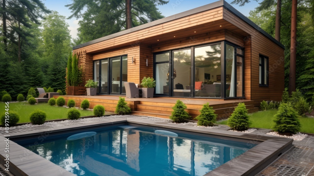 Fototapeta premium Serene and elegant swimming pool in the picturesque backyard of a contemporary country house