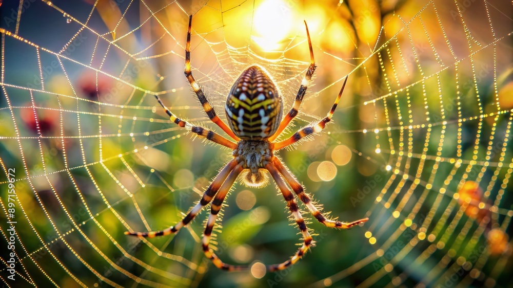 Vibrant garden spider meticulously weaves intricate web, showcasing precise patterns and silky threads, highlighting arachnid expertise in natural, sun-kissed, dewy morning environment. Vibrant garden spider meticulously weaves intricate web, showcasing precise patterns and silky threads, highlighting arachnid expertise in natural, sun-kissed, dewy morning environment.