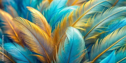Vibrant light blue and gold feathers with intricate macro texture from a tropical bird create a beautiful, abstract background with ample copy space and soft focus.