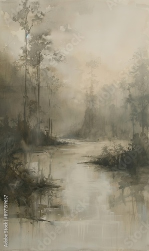 A painting of a forest with a river running through it