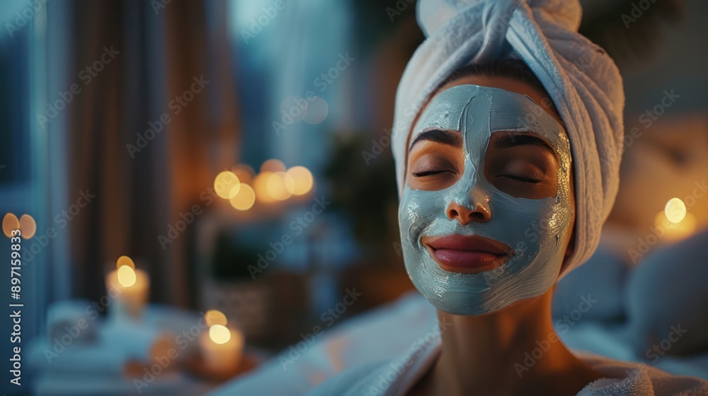 A woman enjoying a spa day at home with candles and a facial mask, emphasizing self-care and relaxation A woman enjoying a spa day at home with candles and a facial mask, emphasizing self-care and relaxation