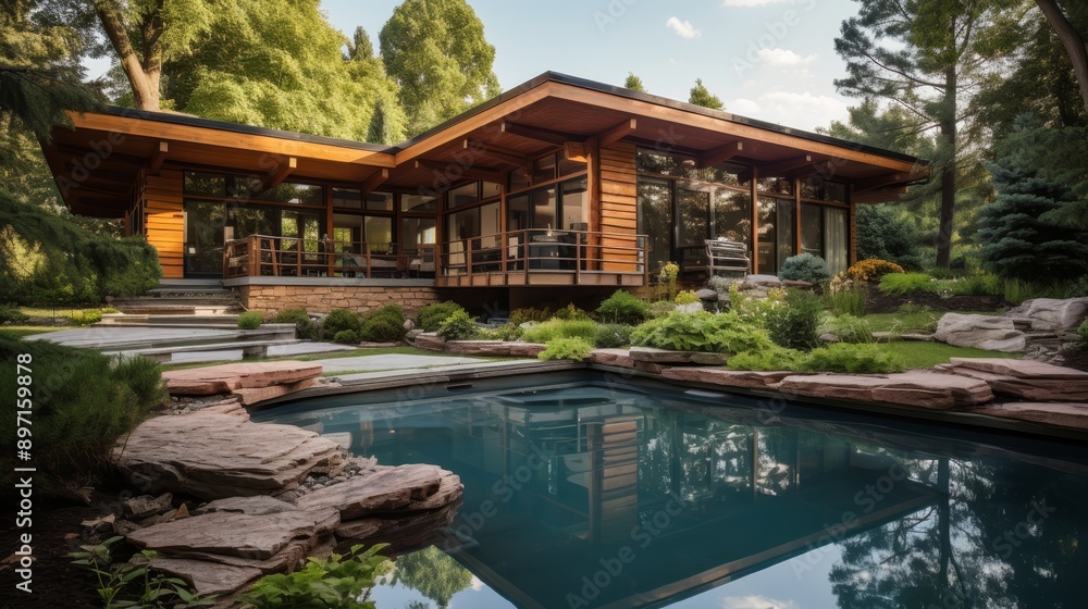 Modern country house backyard with a stylish swimming pool for leisure and relaxation Modern country house backyard with a stylish swimming pool for leisure and relaxation