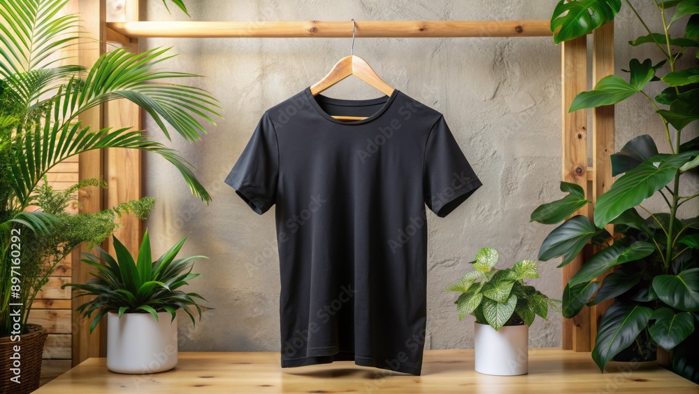 A sleek black t-shirt draped over a wooden hanger stands out against a modern, plant-adorned background with warm, inviting ambiance. A sleek black t-shirt draped over a wooden hanger stands out against a modern, plant-adorned background with warm, inviting ambiance.