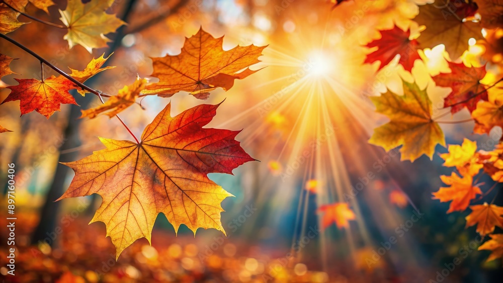 Vibrant warm autumn leaves in sharp focus against a soft, blurred backdrop of gently falling leaves, illuminated by a bright, radiant sun shining through. Vibrant warm autumn leaves in sharp focus against a soft, blurred backdrop of gently falling leaves, illuminated by a bright, radiant sun shining through.