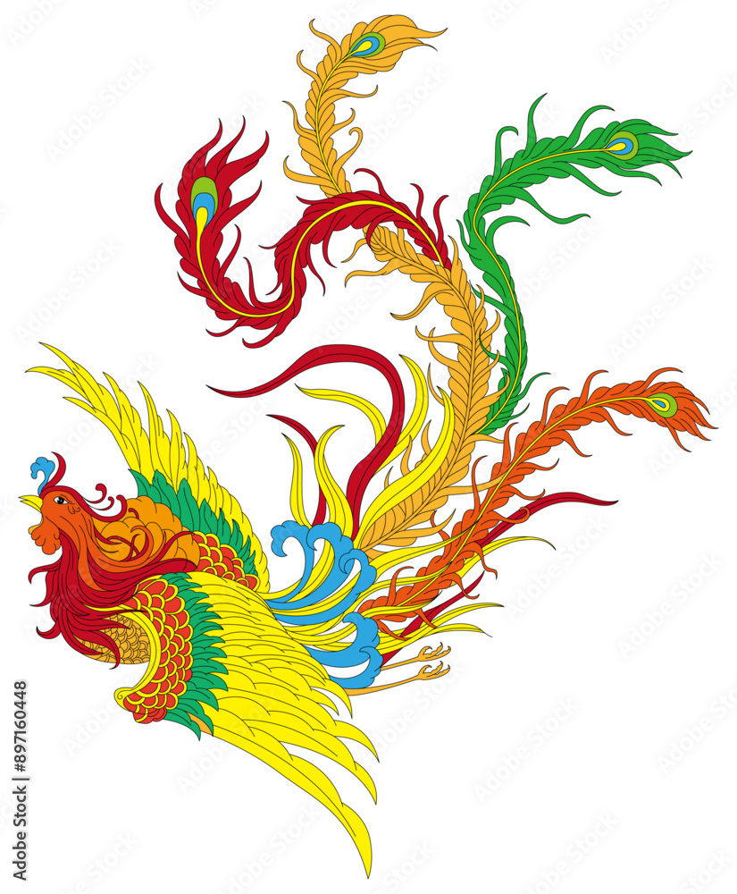 Gorgeous phoenix, exquisite phoenix pattern, a symbol of rebirth. Vector line drawing color illustration. Gorgeous phoenix, exquisite phoenix pattern, a symbol of rebirth. Vector line drawing color illustration.