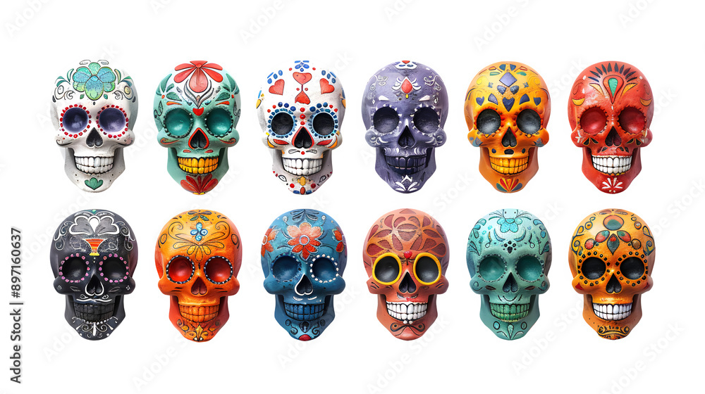 Day of the Dead Themed Colorful Skulls, Vibrant and Iconic Mexican Cultural Symbols, Detailed and Festive Artistic Ornaments, png file, isolated on white Day of the Dead Themed Colorful Skulls, Vibrant and Iconic Mexican Cultural Symbols, Detailed and Festive Artistic Ornaments, png file, isolated on white