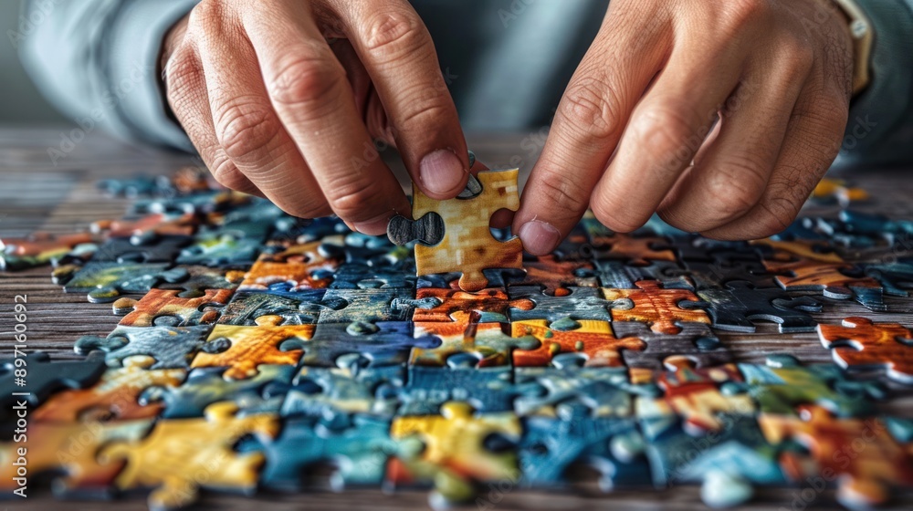 A person assembling a jigsaw puzzle on a wooden table, representing calm and focused activities A person assembling a jigsaw puzzle on a wooden table, representing calm and focused activities
