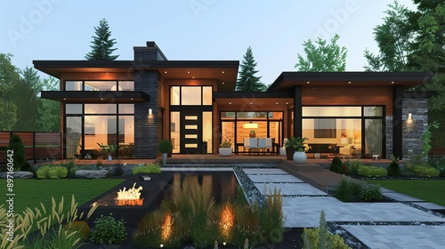 Modern Home Exterior Design with Stone and Wood Accents - 3D Illustration © Boraryn