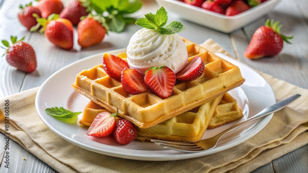Golden waffles overflowing with fresh strawberries, vanilla ice cream, and whipped cream, surrounded by elegant white linen and gleaming silverware. Golden waffles overflowing with fresh strawberries, vanilla ice cream, and whipped cream, surrounded by elegant white linen and gleaming silverware.