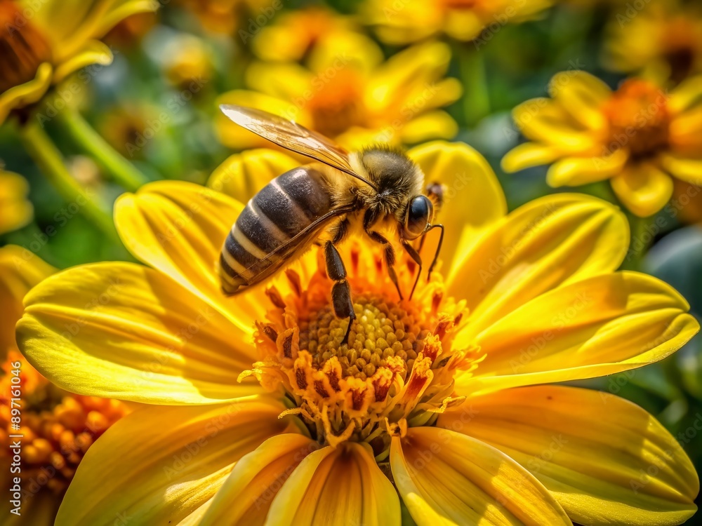 Vibrant yellow petals cradle a busy bee as it collects nectar, blurring the lines between organic beauty and industrial precision in a harmonious dance of coexistence. Vibrant yellow petals cradle a busy bee as it collects nectar, blurring the lines between organic beauty and industrial precision in a harmonious dance of coexistence.