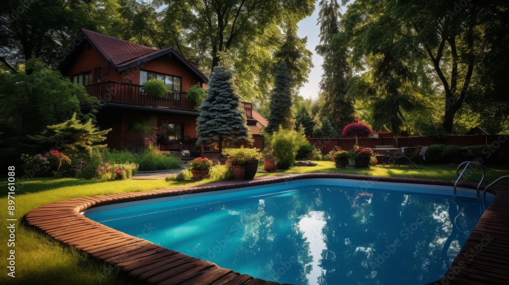 Private swimming pool in the backyard of a modern country house with contemporary design Private swimming pool in the backyard of a modern country house with contemporary design
