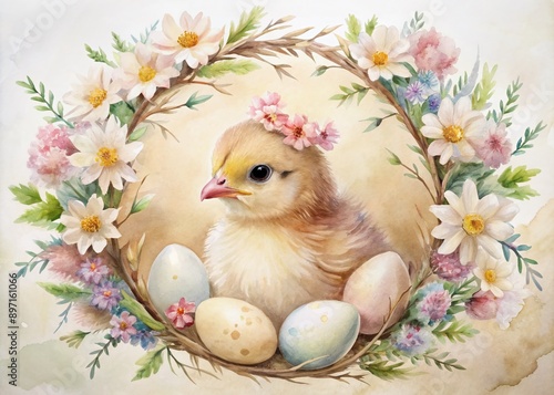 Adorable baby chick peeks out of a cracked eggshell, surrounded by a delicate watercolor flower wreath, fostering a sense of innocence and new life.