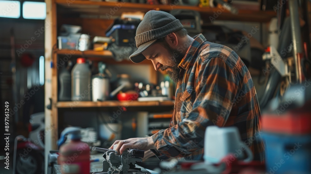 A man working on his car in the garage, illustrating hands-on hobbies and maintenance A man working on his car in the garage, illustrating hands-on hobbies and maintenance