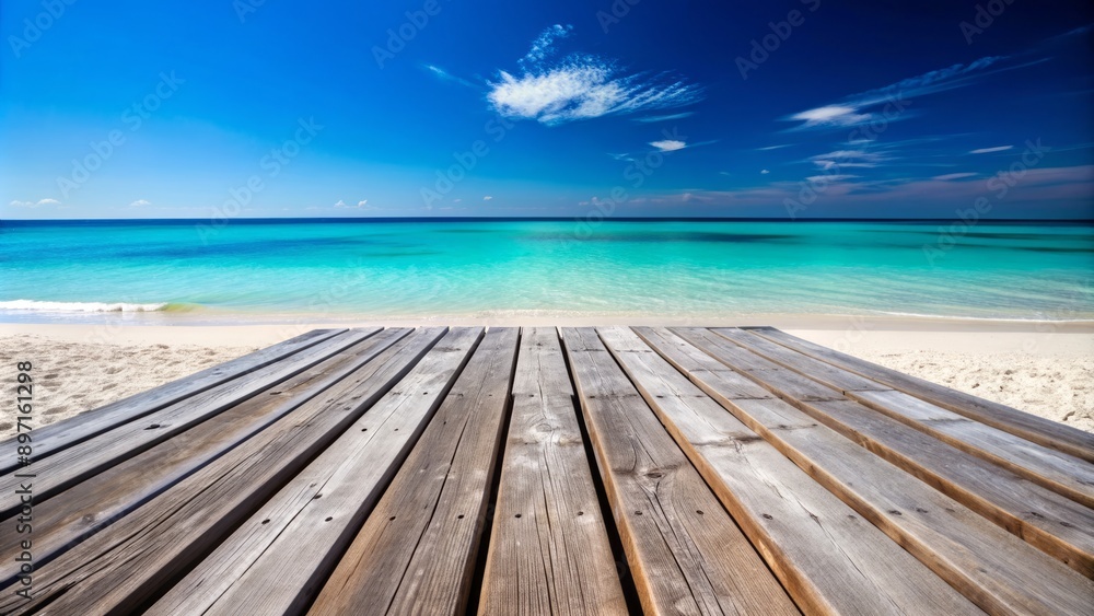Soothing summer scene featuring weathered wooden planks nestled on pristine sandy beach with calm turquoise sea and clear blue sky. Soothing summer scene featuring weathered wooden planks nestled on pristine sandy beach with calm turquoise sea and clear blue sky.