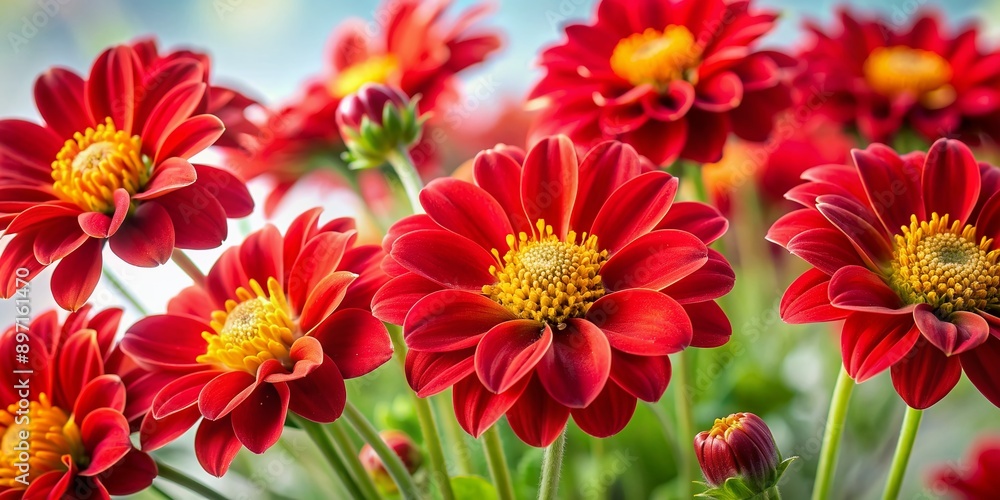 Fototapeta premium Vibrant red flowers with delicate petals and yellow centers bloom against a crisp white backdrop, adding a bold splash of color to any design layout.
