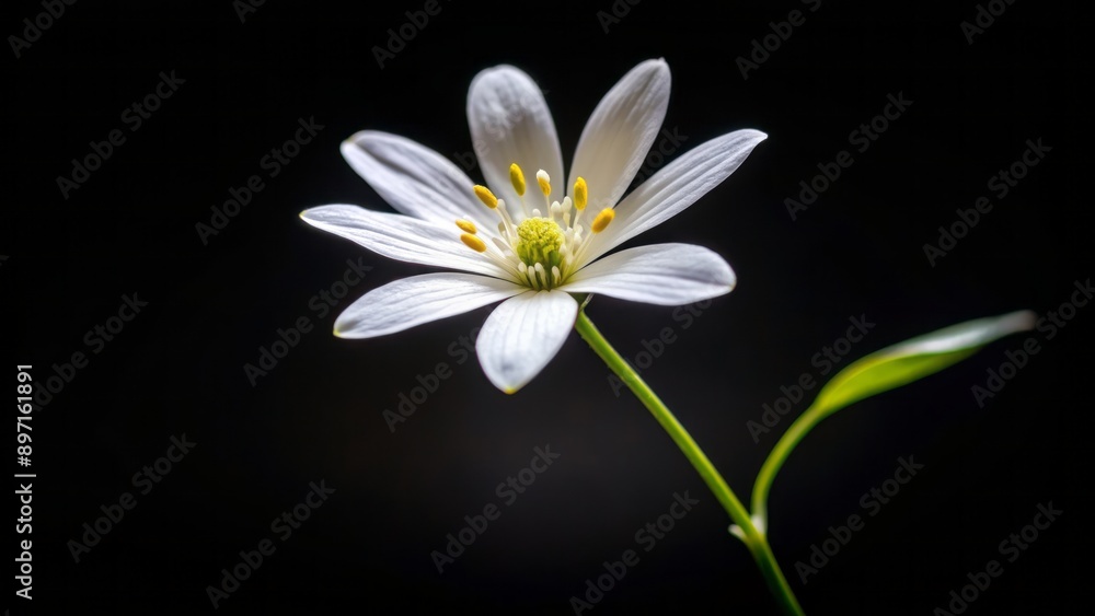 Obraz premium Delicate, solitary white flower with five petals unfurls against a stark, dark black background, exuding elegance and simplicity.