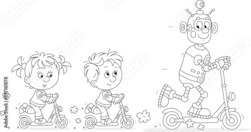 Happy little kids and a funny toy robot merrily riding their scooters on a playground in a park, black and white vector cartoon illustration for a coloring book