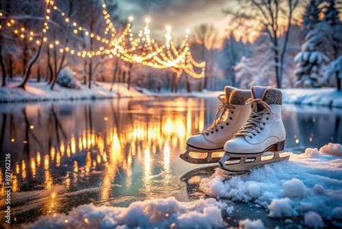 Winter wonderland scene featuring a pair of snow-covered ice skates abandoned on a frozen pond, surrounded by soft bokeh lights and serene natural beauty.
