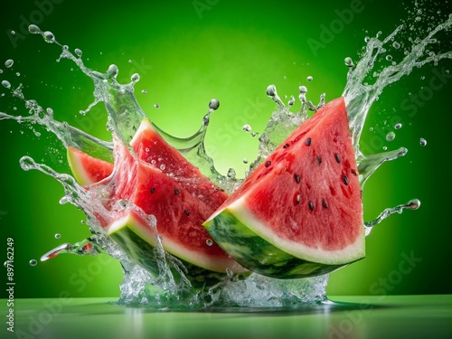 Vibrant high-speed photo of two juicy watermelon slices bursting apart, releasing refreshing water splashes, against a bright green background, evoking a lively summer essence. photo