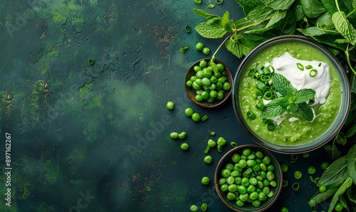 A bowl of green soup with peas and mint on a table