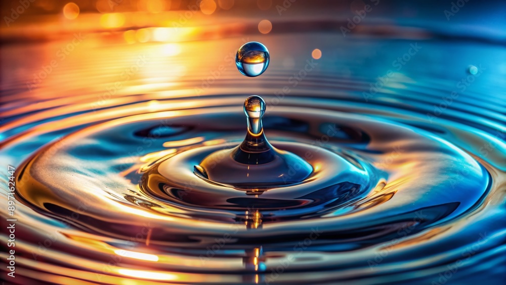 A mesmerizing macro shot of a water droplet making contact with a calm surface, creating ripples and micro-splash patterns in a serene environment A mesmerizing macro shot of a water droplet making contact with a calm surface, creating ripples and micro-splash patterns in a serene environment