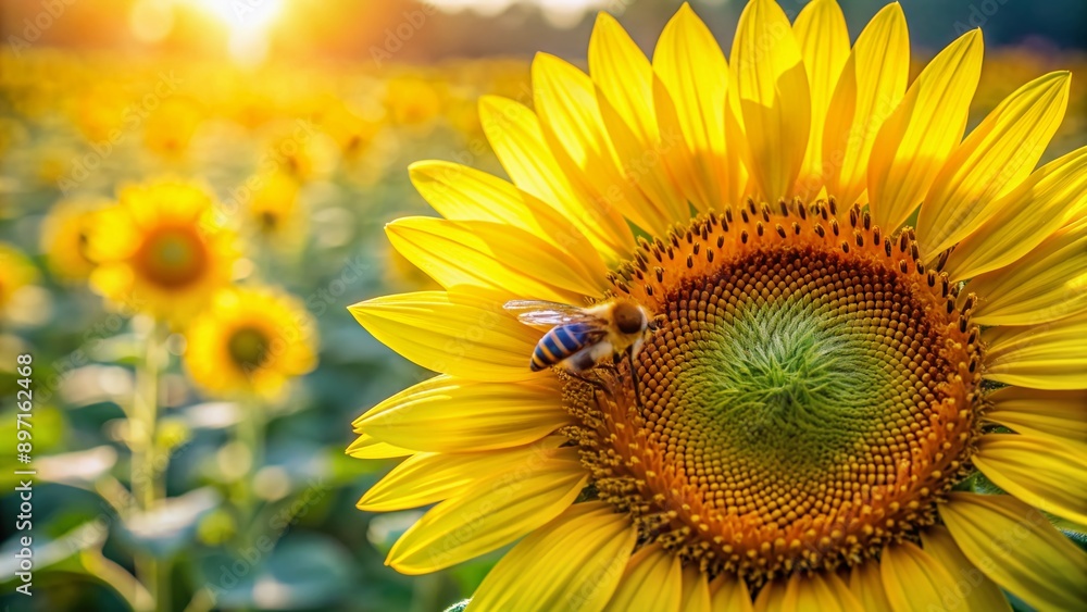 Vibrant yellow petals of a young fall sunflower surround a busy bee as it collects nectar and spreads pollen, with soft natural light and copy space. Vibrant yellow petals of a young fall sunflower surround a busy bee as it collects nectar and spreads pollen, with soft natural light and copy space.