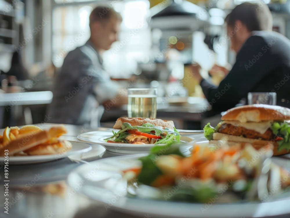 Two people enjoying a meal together, plates of food on the table Two people enjoying a meal together, plates of food on the table