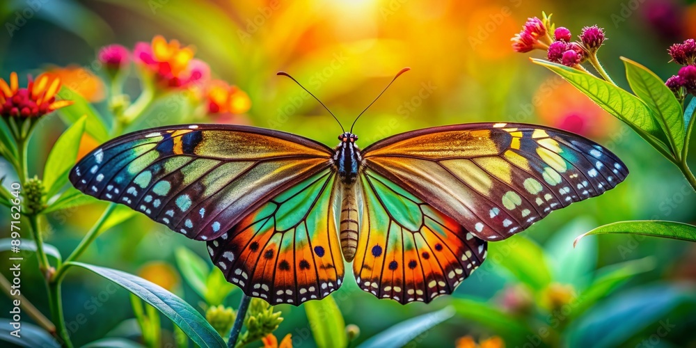 Fototapeta premium Vibrant colorful butterfly wings spread wide, showcasing intricate patterns and delicate shapes, against a soft natural background of lush green vegetation and gentle blooms.