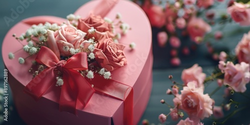 A beautiful pink heart-shaped box filled with fresh flowers, perfect for a romantic gesture or as a decoration