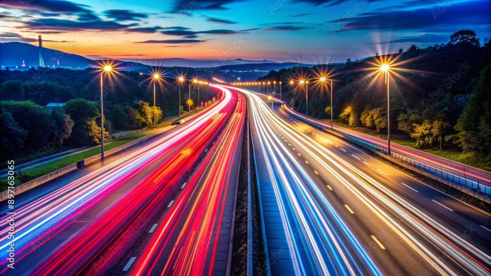 Vibrant streaks of light illuminate the dark highway as vehicles speed by, creating a mesmerizing display of movement and energy. Vibrant streaks of light illuminate the dark highway as vehicles speed by, creating a mesmerizing display of movement and energy.