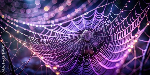 Delicate threads of intricate spider web shimmer in mesmerizing purple hues against a mysterious dark background, evoking a sense of eerie mystique.