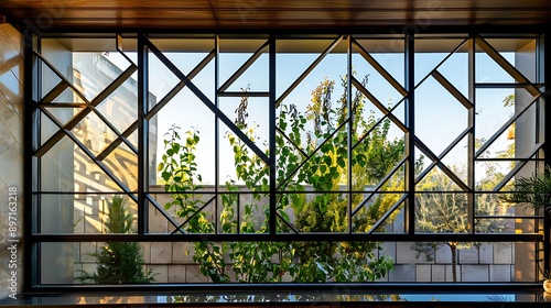 Contemporary window with geometric design and metal accents