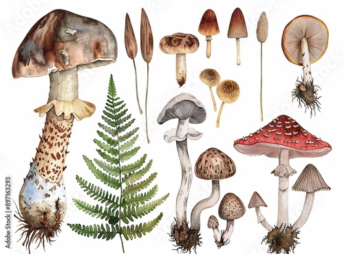 A collection of mushrooms and a leafy green plant