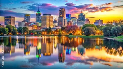 Vibrant cityscape of Minneapolis lakes and skyline juxtaposed with vintage advertising posters exuding serene luminescence through watery reflections.