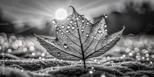 Delicate morning dew droplets sparkle on a lone leaf, illuminated by soft sun rays, in a stunning black and white macro photograph, radiating serene dawn beauty. photo