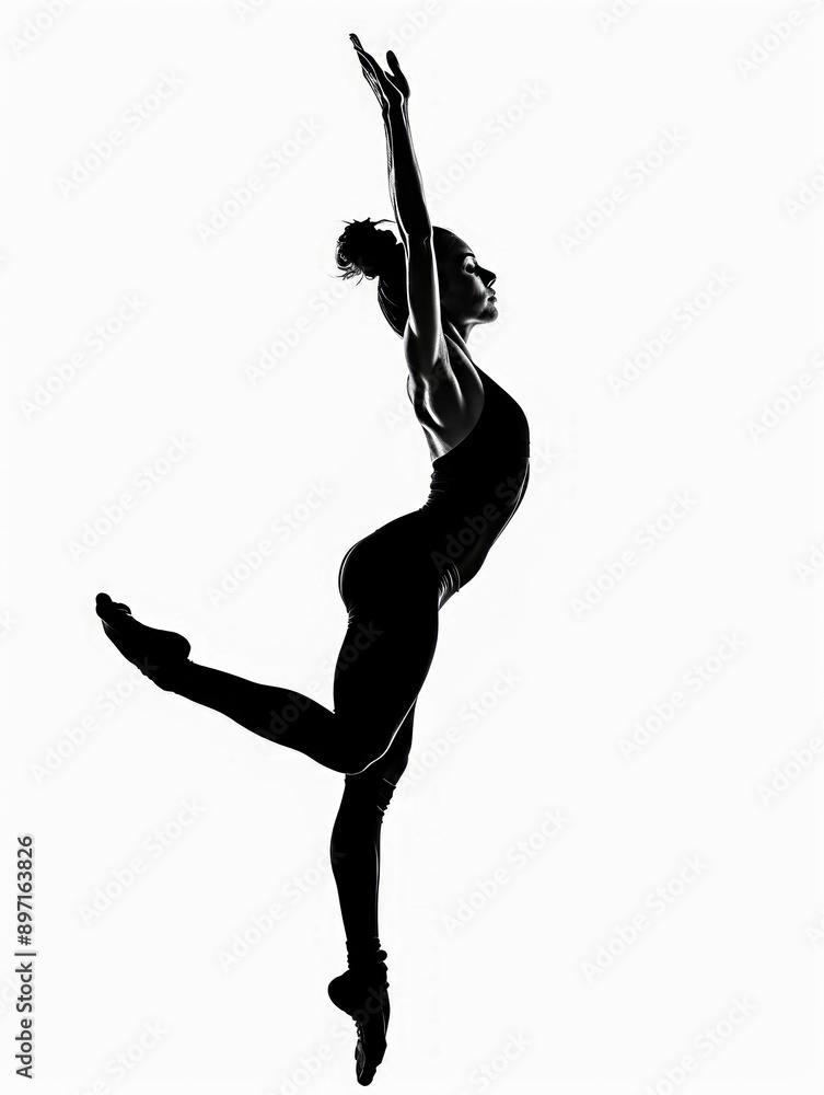 Silhouette of a rhythmic gymnastics dancer jumping gracefully Silhouette of a rhythmic gymnastics dancer jumping gracefully