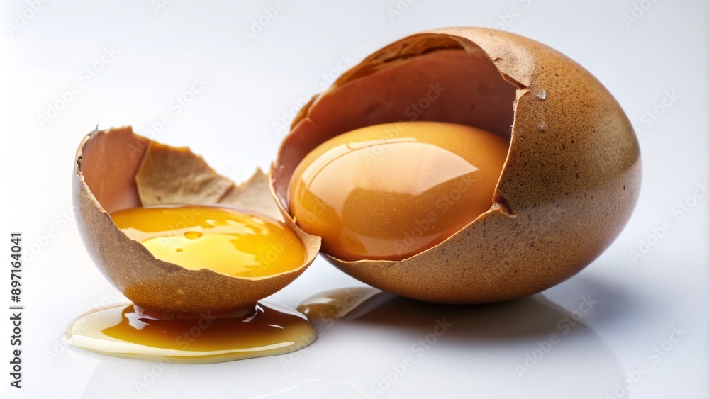 Cracked open brown egg with oozing golden yolk and clear albumen ...