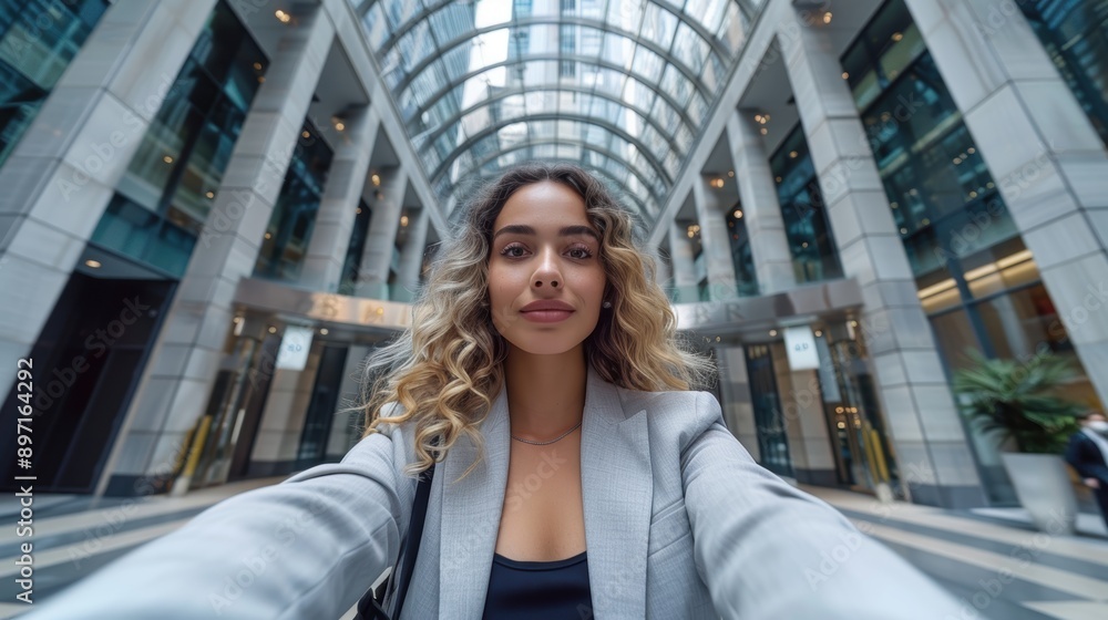 Fototapeta premium Young professional woman taking a selfie in a modern and stylish office building with a glass atrium and contemporary architectural design featuring large windows