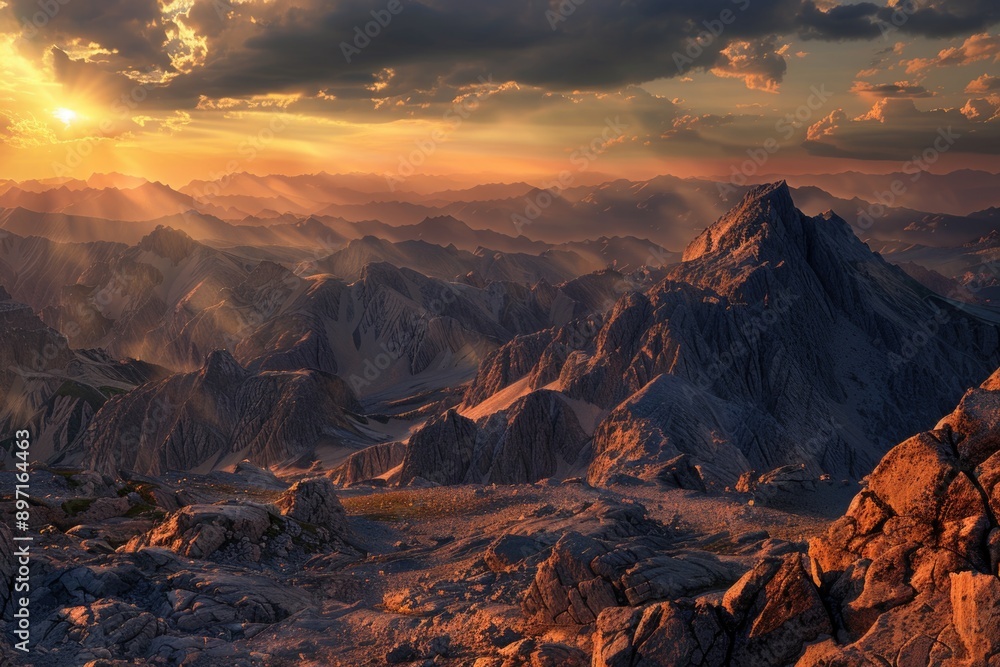 Naklejka premium A breathtaking sunset over a mountain range, perfect for nature and travel scenes