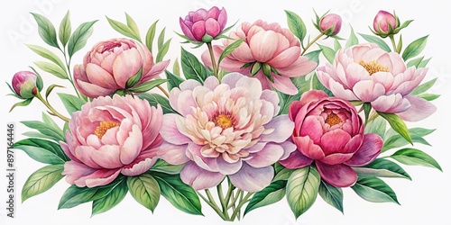 Delicate, soft-peeled peonies bloom in vibrant hues, surrounded by lush greenery, in a stunning watercolor illustration perfect for floral decoration and elegant designs.