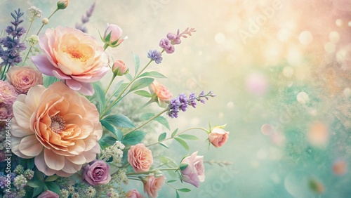 Soft focus pastel hues of peach, mint, and lavender blooms on a light airy background with subtle textured elements and ample negative space for overlaying text.